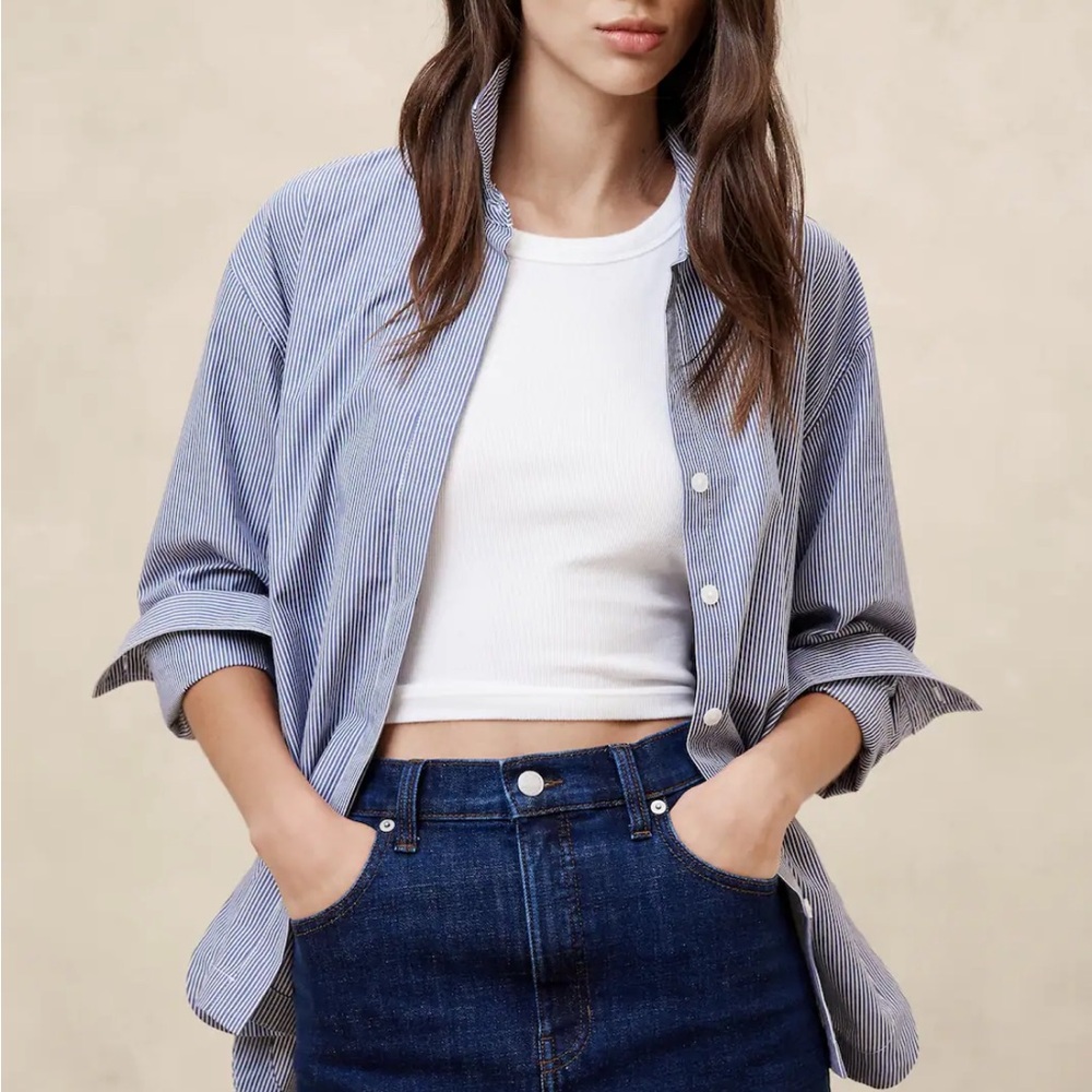 Banana Republic Factory Oversized Button Down Shirt in Crescent Navy (striped)